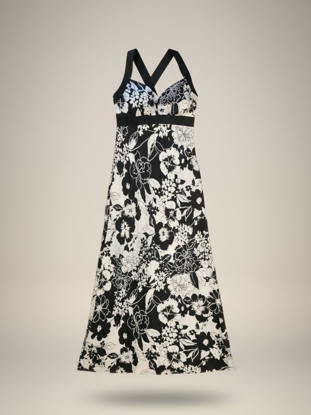 NWT JR Nites by Caliendo Floral Bias Maxi Dress Black White Size 6 - Picture 2 of 6